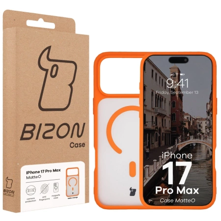 Etui z pierścieniem magnetycznym Bizon Case MatteO do iPhone 17 Pro Max, przydymione-pomarańczowe