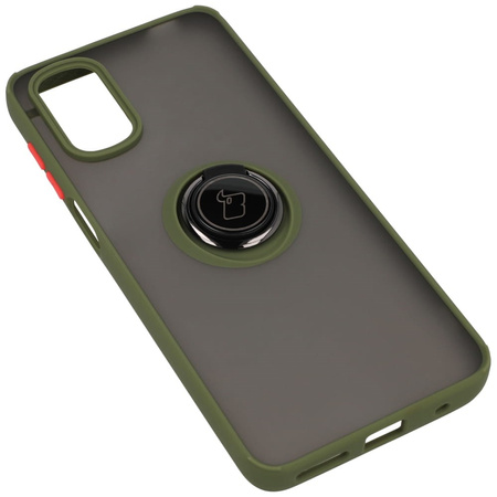 Etui z uchwytem na palec Bizon Case Hybrid Ring do Motorola Moto G22 / E32 / E32s, przydymione z zieloną ramką