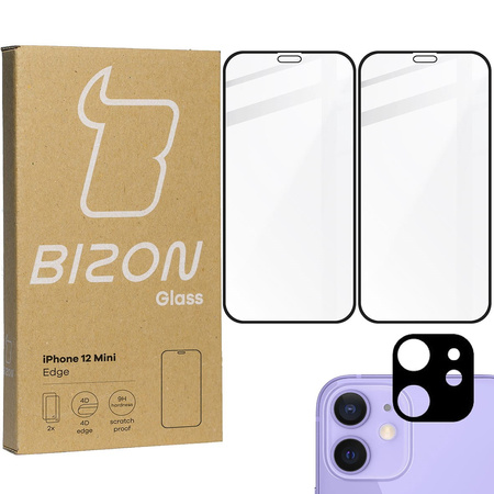 2x Szkło + szybka na aparat Bizon Edge Pack do iPhone 12 Mini