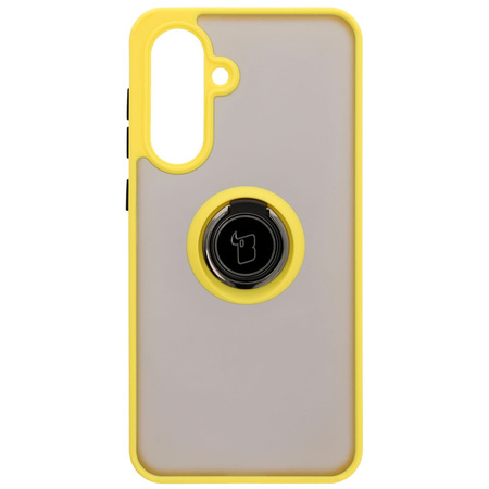 Etui z uchwytem na palec Bizon Case Hybrid Ring do Galaxy A56 5G, przydymione z żółtą ramką