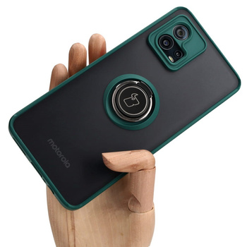 Etui z uchwytem na palec Bizon Case Hybrid Ring do Motorola Moto G72, przydymione z ciemnozieloną ramką