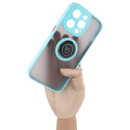 Etui z uchwytem na palec Bizon Case Hybrid Ring do iPhone 14 Pro, przydymione z jasnoniebieską ramką