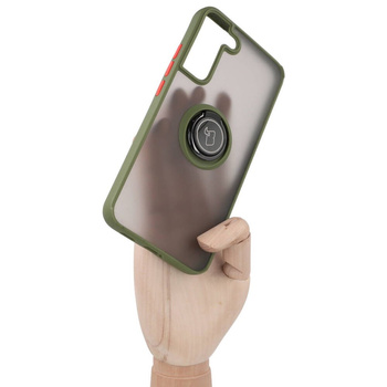 Etui z uchwytem na palec Bizon Case Hybrid Ring do Galaxy S22 Plus, przydymione z zieloną ramką