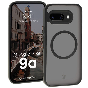 Etui z pierścieniem magnetycznym Bizon Case MatteO do Google Pixel 9a, półprzezroczyste z czarną ramką