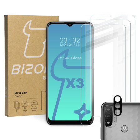 3x Szkło hartowane + szybka na aparat Bizon Glass Clear Pack do Moto E20