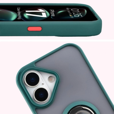 Etui z uchwytem na palec Bizon Case Hybrid Ring do iPhone 17, przydymione z ciemnozieloną ramką