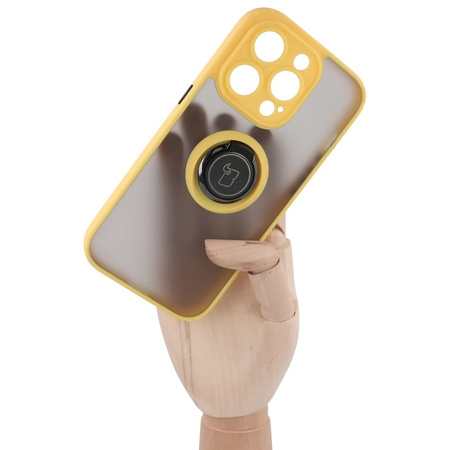 Etui z uchwytem na palec Bizon Case Hybrid Ring do iPhone 14 Pro, przydymione z żółtą ramką