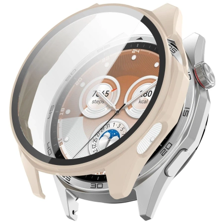 Etui ze szkłem do zegarka Bizon Case+Glass Watch do Huawei Watch GT6 46 mm, beżowe