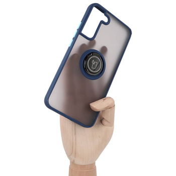 Etui z uchwytem na palec Bizon Case Hybrid Ring do Galaxy S22 Plus, przydymione z granatową ramką
