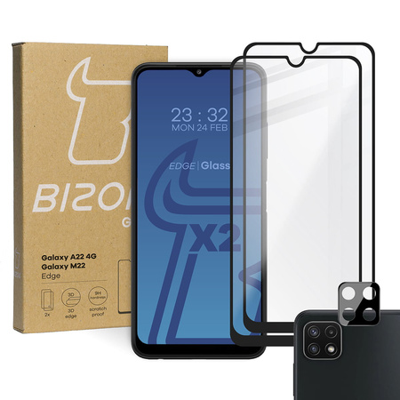 Szkło hartowane Bizon Glass Edge - 2 sztuki + ochrona na obiektyw, Galaxy A22 4G / M22