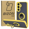 Etui z uchwytem na palec Bizon Case Hybrid Ring do Galaxy S25 / S24, przydymione z żółtą ramką