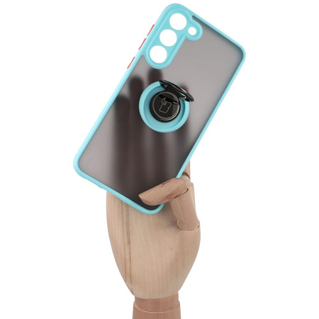 Etui z uchwytem na palec Bizon Case Hybrid Ring do Galaxy S23 Plus, przydymione z jasnoniebieską ramką