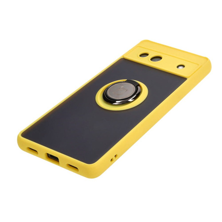 Etui z uchwytem na palec Bizon Case Hybrid Ring do Google Pixel 7A, przydymione z żółtą ramką