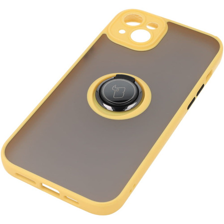 Etui z uchwytem na palec Bizon Case Hybrid Ring do iPhone 14 Plus, przydymione z żółtą ramką