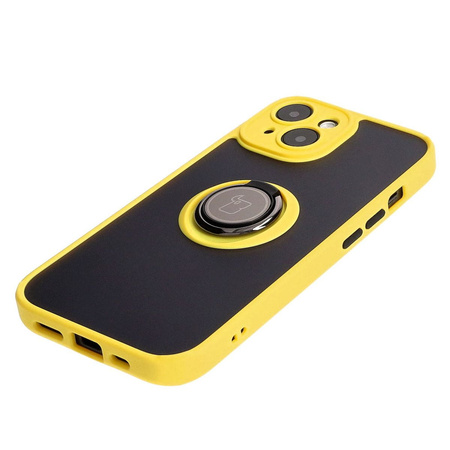 Etui z uchwytem na palec Bizon Case Hybrid Ring do iPhone 15, przydymione z żółtą ramką