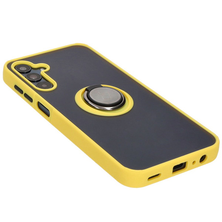 Etui z uchwytem na palec Bizon Case Hybrid Ring do Galaxy M15 5G, przydymione z żółtą ramką
