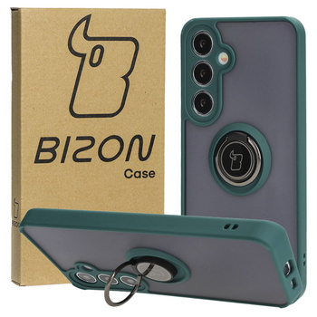 Etui z uchwytem na palec Bizon Case Hybrid Ring do Galaxy S25 Plus / S24 Plus, przydymione z ciemnozieloną ramką
