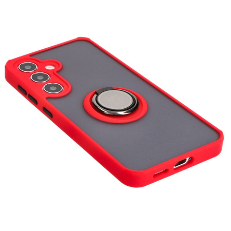 Etui z uchwytem na palec Bizon Case Hybrid Ring do Galaxy S25 / S24, przydymione z czerwoną ramką