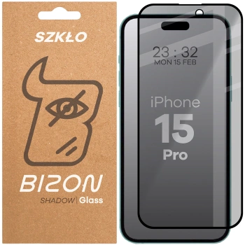 Prywatyzujące szkło hartowane Bizon Glass Edge Shadow do iPhone 15 Pro, przyciemniane z czarną ramką