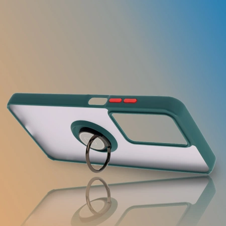 Etui z uchwytem na palec Bizon Case Hybrid Ring do Realme C75 4G / 14x 5G, przydymione z ciemnozieloną ramką
