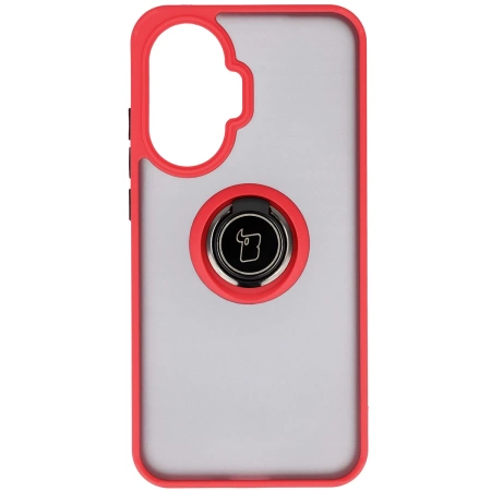 Etui z uchwytem na palec Bizon Case Hybrid Ring do Xiaomi POCO F7, przydymione z czerwoną ramką