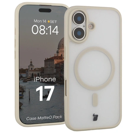 Etui z pierścieniem magnetycznym + szkło hartowane Bizon MatteO Pack do iPhone 17, przydymione-beżowe