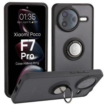 Etui z uchwytem na palec Bizon Case Hybrid Ring do Xiaomi POCO F7 Pro, przydymione z czarną ramką