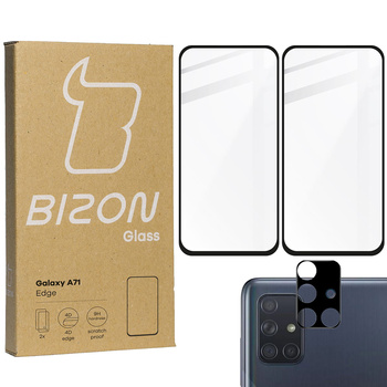 Szkło hartowane Bizon Glass Edge - 2 sztuki + ochrona na obiektyw, Galaxy A71, czarne