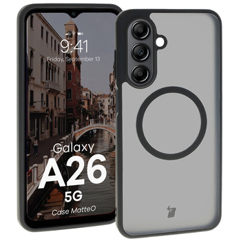 Etui z pierścieniem magnetycznym Bizon Case MatteO do Galaxy A26 5G, półprzezroczyste z czarną ramką