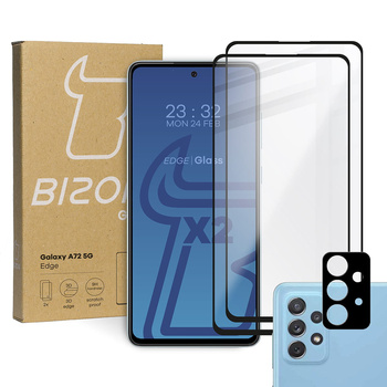 Szkło hartowane Bizon Glass Edge - 2 sztuki + ochrona na obiektyw, Galaxy A72 5G, czarne