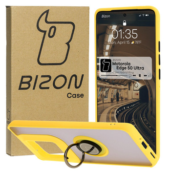 Etui z uchwytem na palec Bizon Case Hybrid Ring do Motorola Edge 50 Ultra, przydymione z żółtą ramką