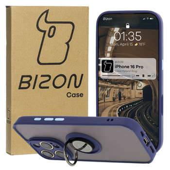 Etui z uchwytem na palec Bizon Case Hybrid Ring do iPhone 16 Pro, przydymione z granatową ramką