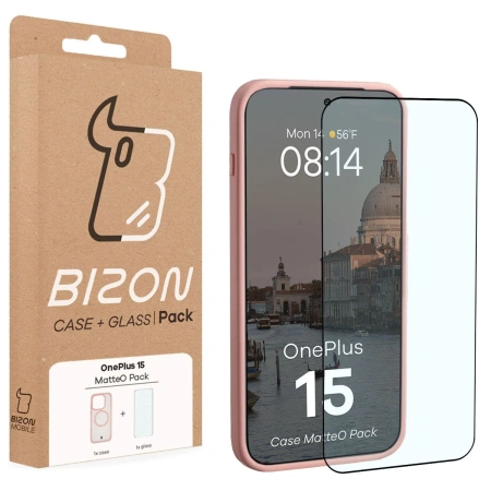Etui z pierścieniem magnetycznym + szkło hartowane Bizon MatteO Pack do OnePlus 15, przydymione-jasnoróżowe
