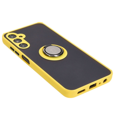 Etui z uchwytem na palec Bizon Case Hybrid Ring do Galaxy A05s, przydymione z żółtą ramką