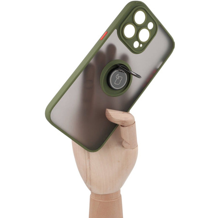 Etui z uchwytem na palec Bizon Case Hybrid Ring do iPhone 14 Pro Max, przydymione z zieloną ramką