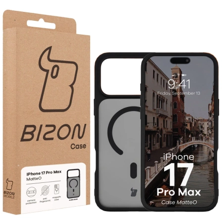 Etui z pierścieniem magnetycznym Bizon Case MatteO do iPhone 17 Pro Max, przydymione-czarne