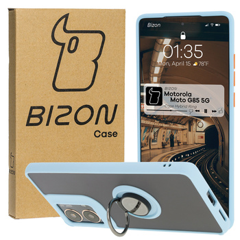 Etui z uchwytem na palec Bizon Case Hybrid Ring do Motorola Moto G85 5G, przydymione z jasnoniebieską ramką