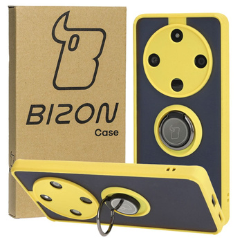 Etui z uchwytem na palec Bizon Case Hybrid Ring do Honor Magic6 Lite, przydymione z żółtą ramką