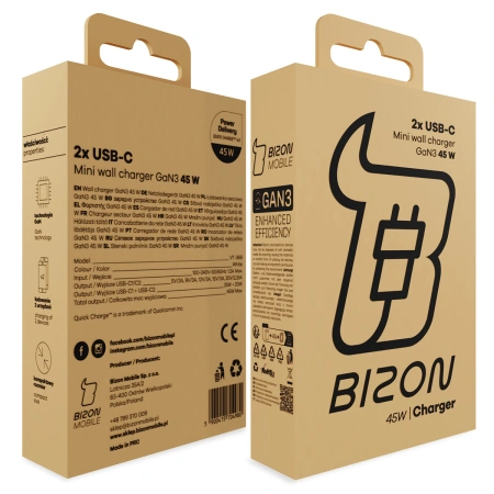 Ładowarka sieciowa Bizon Charger VT-36B, 45 W, 2x USB-C PD, QC 4.0, GAN3, biała