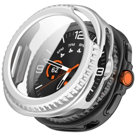 Etui ze szkłem do zegarka Bizon Case+Glass Watch do Samsung Galaxy Watch 8 Classic 46 mm, satynowo srebrne