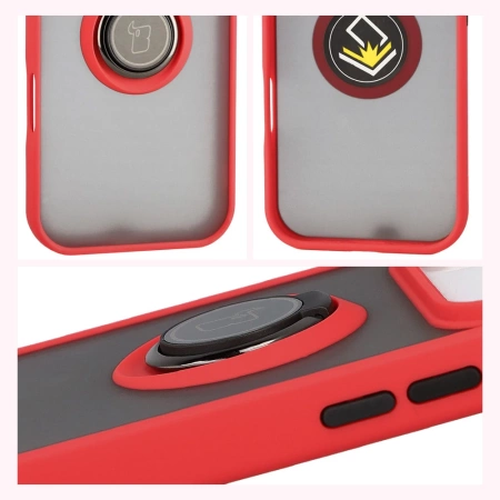 Etui z uchwytem na palec Bizon Case Hybrid Ring do iPhone 17 Pro, przydymione z czerwoną ramką