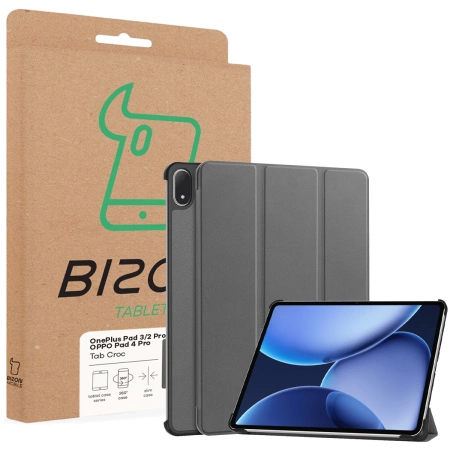 Etui z klapką Bizon Case Tab Croc do OnePlus Pad 3 / 2 Pro / OPPO Pad 4 Pro, szare