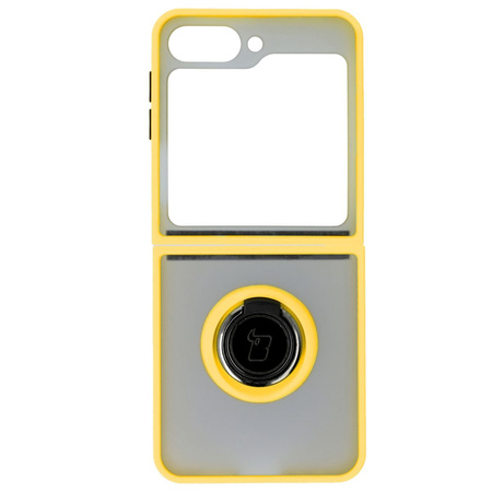 Etui z uchwytem na palec Bizon Case Hybrid Ring do Galaxy Z Flip7 FE / Z Flip6, przydymione z żółtą ramką