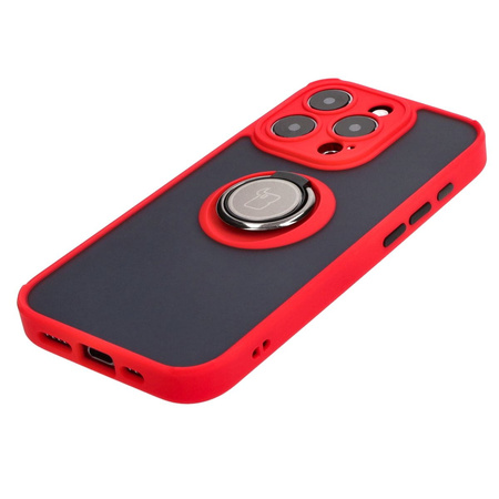 Etui z uchwytem na palec Bizon Case Hybrid Ring do iPhone 15 Pro, przydymione z czerwoną ramką
