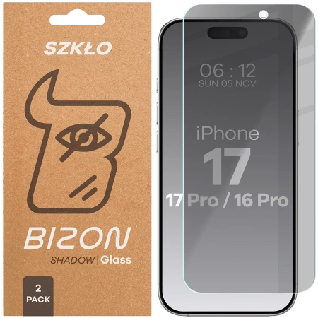 Prywatyzujące szkło hartowane Bizon Glass Clear Shadow Duo do iPhone 17 / 17 Pro / 16 Pro, przyciemniane, 2 sztuki
