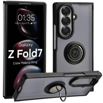 Etui z uchwytem na palec Bizon Case Hybrid Ring do Galaxy Z Fold7, przydymione z czarną ramką
