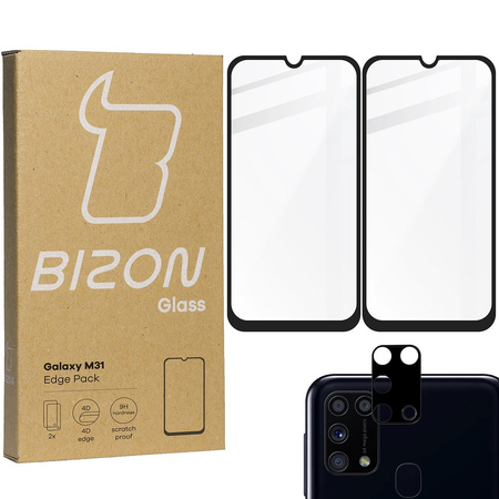 Szkło hartowane Bizon Glass Edge - 2 sztuki + ochrona na obiektyw,  Galaxy M31, czarne