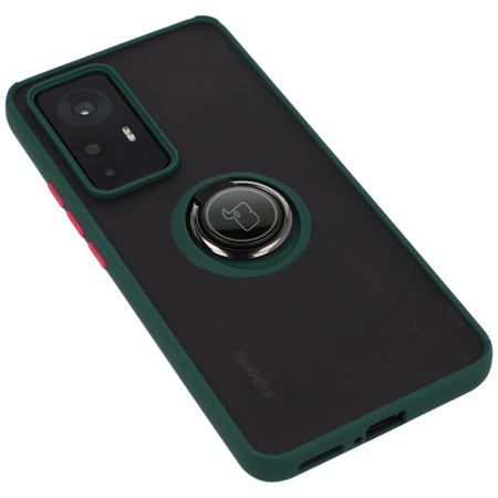 Etui z uchwytem na palec Bizon Case Hybrid Ring do Xiaomi 12T / 12T Pro, przydymione z ciemnozieloną ramką