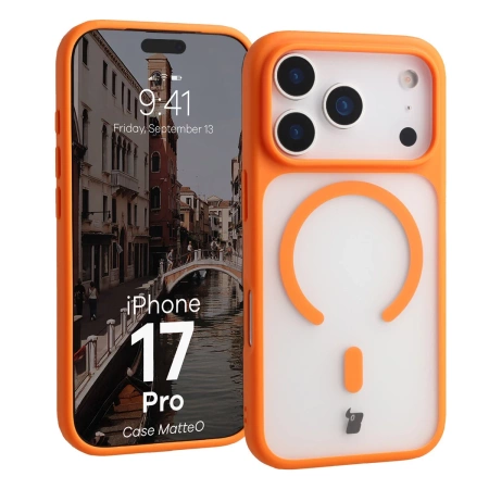 Etui z pierścieniem magnetycznym Bizon Case MatteO do iPhone 17 Pro, przydymione-pomarańczowe