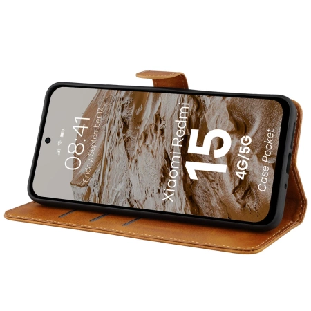 Etui z klapką Bizon Case Pocket do Xiaomi Redmi 15 4G / 5G, brązowe